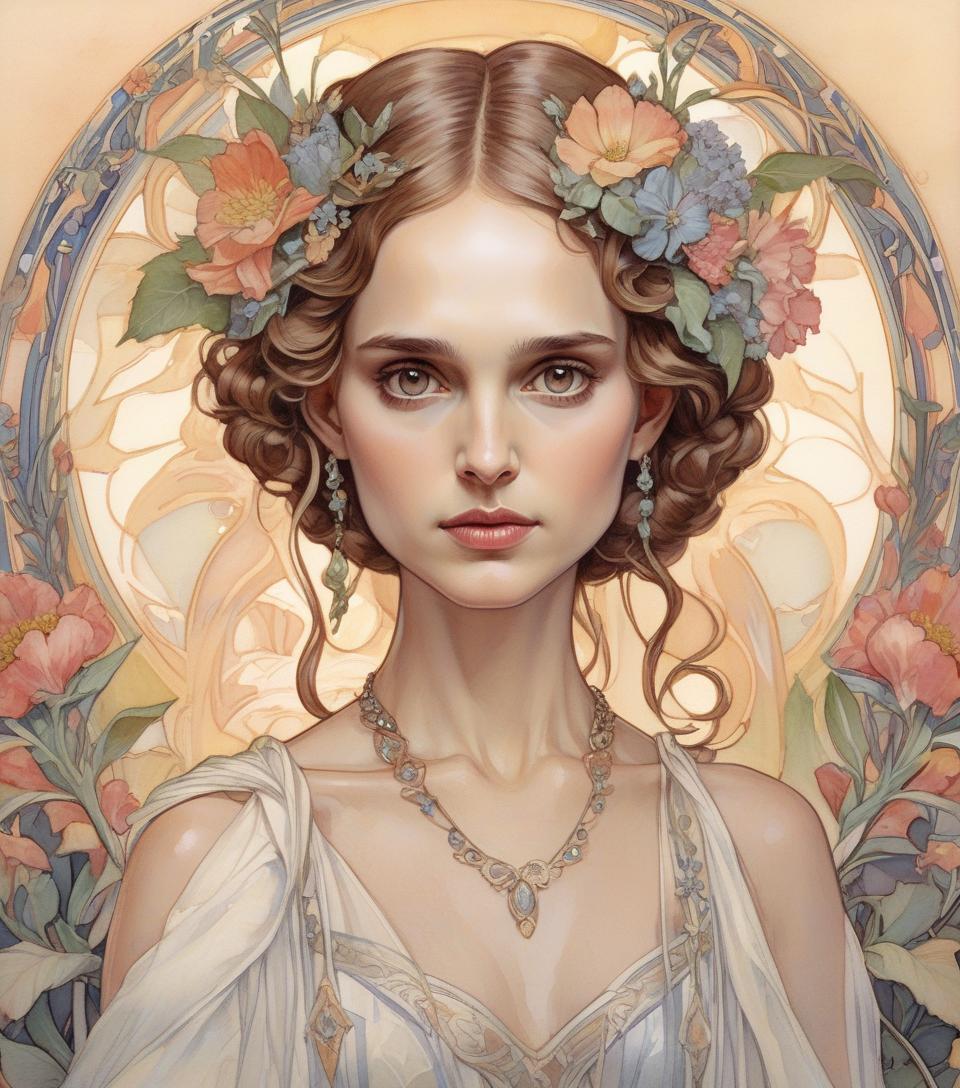  depicts a beautiful woman with flowers in her hair, (natalie portman:1.2), highly detailed watercolor painting, the style of alfons maria mucha and gustav kirmut, art nouveau accents, fairy princess, anthropomorphic woman, female figure, detailed cover artwork, as the flower goddess, alphonse mucha, gustav klimt, pale skin, marble sculpture, society, gothic art, art nouveau, behance contest winner