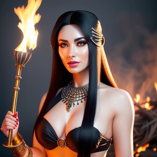  beautiful sorceress with long black hair wearing a chain mail bikini casting a spell standing with her hands above a bubbling cauldron, her face illuminated by the glow of the fire. good skin, clear eyes, smart hair, soft focus, depth of field, 8k photo, hdr, professional lighting, taken with canon eos r5, 75mm lens, low angle shot hyperrealistic, full body, detailed clothing, highly detailed, cinematic lighting, stunningly beautiful, intricate, sharp focus, f/1. 8, 85mm, (centered image composition), (professionally color graded), ((bright soft diffused light)), volumetric fog, trending on instagram, trending on tumblr, HDR 4K, 8K