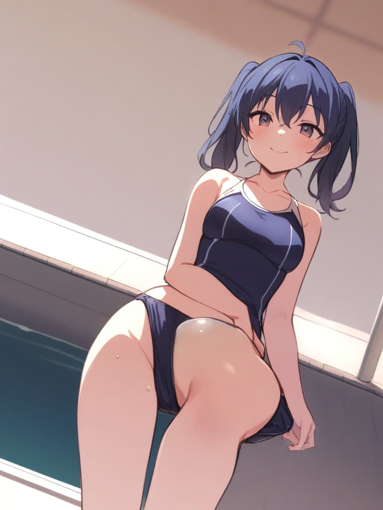  women's elementary students (with male), twin tails, cute smiles, rich s, short stature, dark blue swimwear, old swimwear, swimwear, simple, (swelling), upward, (bulge), front, whole body, pool side,