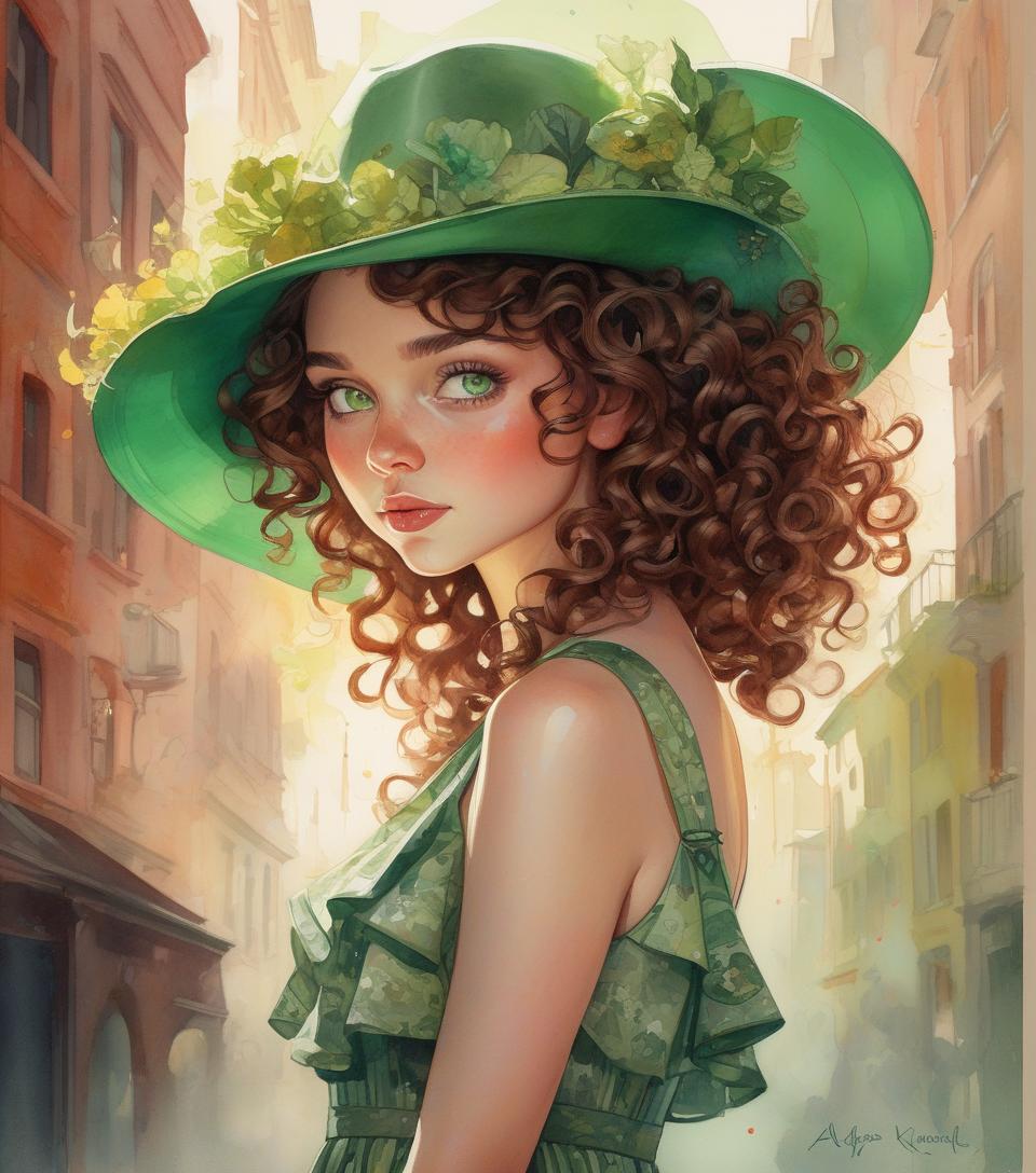  highly detailed, curly brown hair, green eyes, hat, printed dress, vivid colors, watercolor portrait, dramatic light, realistic, by alyssa monks, afarin sajedi, brian kesinger, thomas kinkade, pascal campion, craola.