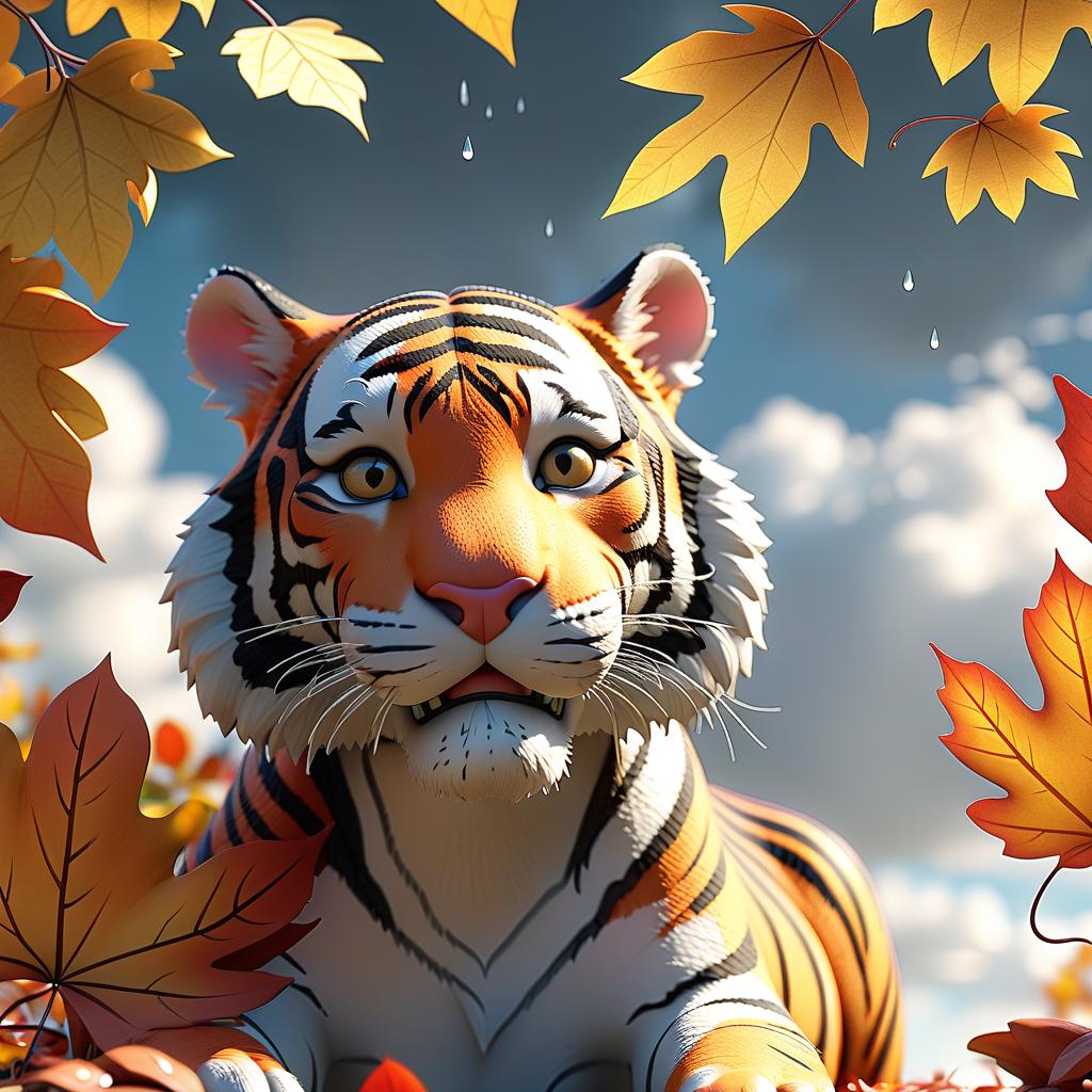  professional 3d model the tiger under the big leaf is looking at me. it is raining. fall leaves fall. sunlight from white clouds. . octane render, highly detailed, volumetric, dramatic lighting