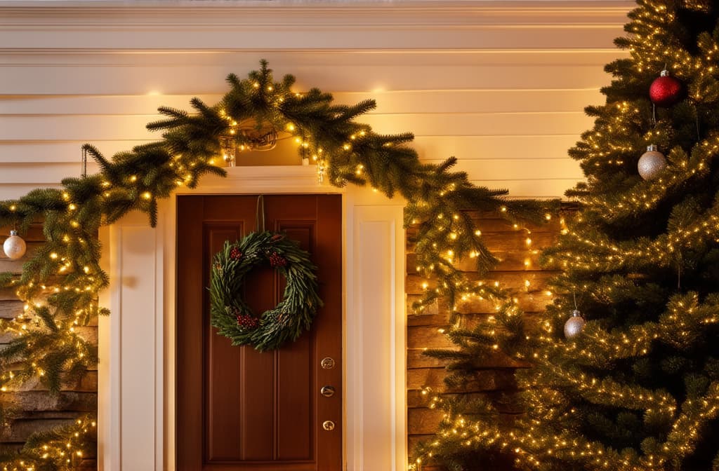  professional detailed photography, a bright house decorated for christmas with garlands of fir branches, christmas tree decorations and lights with a wreath on the door ar 3:2, (muted colors, dim colors, soothing tones), (vsco:0.3)