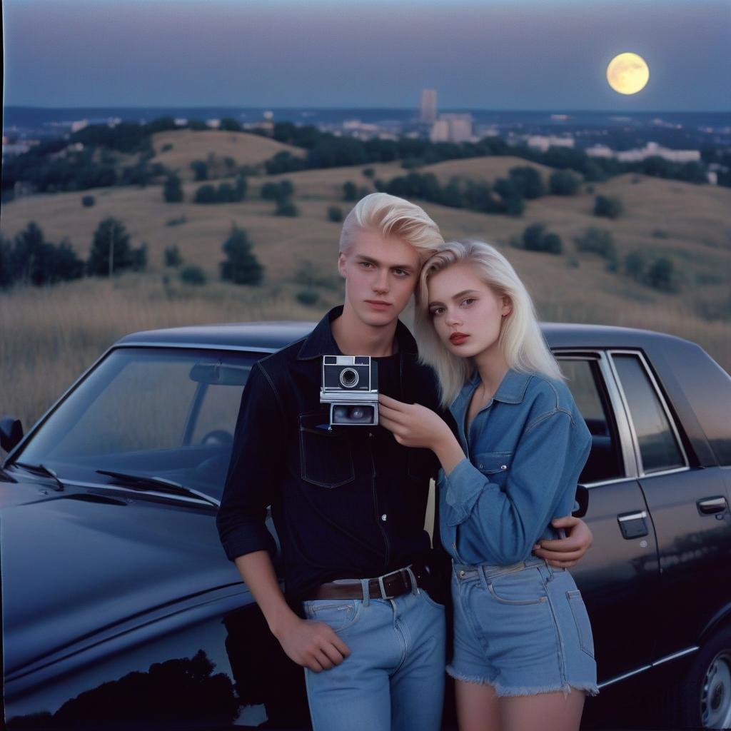  analog film photo a platinum blonde girl takes pictures on a polaroid in a black shirt and stands next to a blonde guy in a denim shirt, standing by a black car, a view from a hill, in the background the city, the time of dusk, a full light moon, the style of the 80 90s. . faded film, desaturated, 35mm photo, grainy, vignette, vintage, kodachrome, lomography, stained, highly detailed, found footage