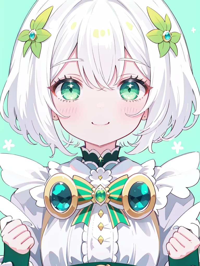  girls, smiles, white hair, round, idol, cat hair, green eyes, masterpiece, best quality,8k,ultra detailed,high resolution,an extremely delicate and beautiful,hyper detail