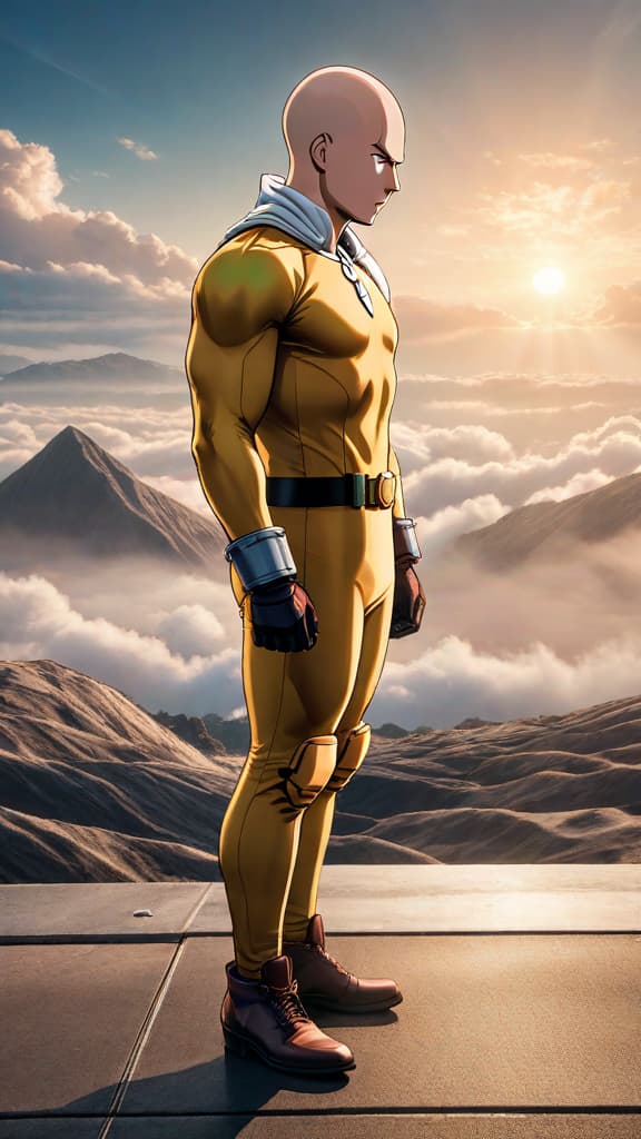  anime art: saitama, the one punch man, in b rank hero attire, pondering his forgotten memories. hyperrealistic, full body, detailed clothing, highly detailed, cinematic lighting, stunningly beautiful, intricate, sharp focus, f/1. 8, 85mm, (centered image composition), (professionally color graded), ((bright soft diffused light)), volumetric fog, trending on instagram, trending on tumblr, HDR 4K, 8K