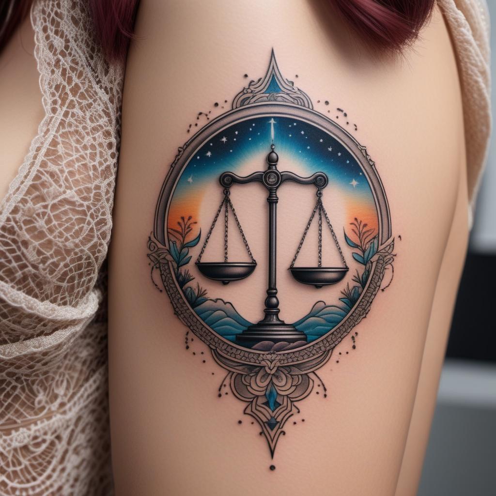  a creative tattoo design based on the Libra symbol, featuring elegant and artistic elements such as scales, stars, or celestial themes, with a balance of intricate and simple lines. hyperrealistic, full body, detailed clothing, highly detailed, cinematic lighting, stunningly beautiful, intricate, sharp focus, f/1. 8, 85mm, (centered image composition), (professionally color graded), ((bright soft diffused light)), volumetric fog, trending on instagram, trending on tumblr, HDR 4K, 8K