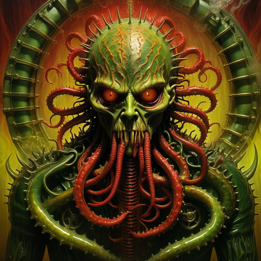  nautical themed hellraiser whisperer giger demon looks scary prickly red watch in yellow smoke and green sparks suction cups tentacles eyes lower jaw sting tentacles claws and a terrible moan in red smoke in yellow rings of green steam the wound flows with mucus juice . sea, ocean, ships, maritime, beach, marine life, highly detailed