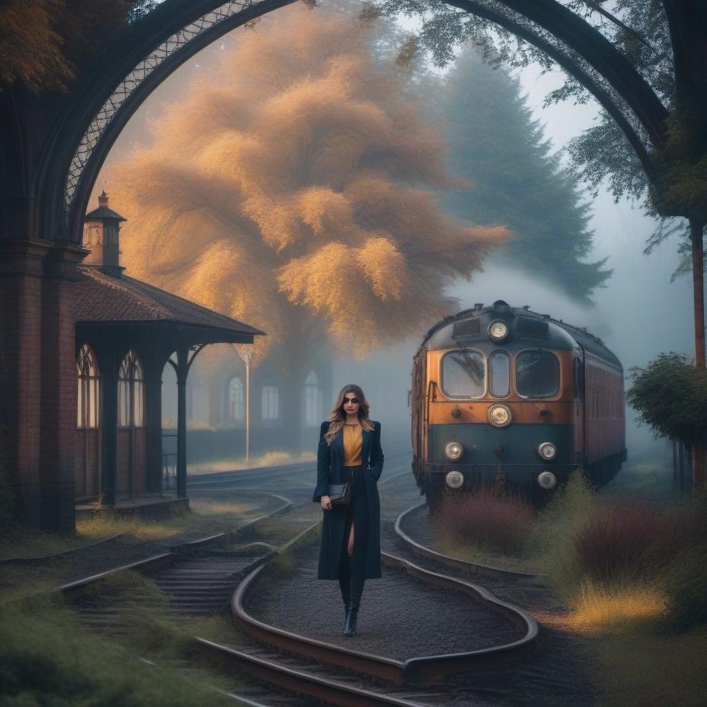  The old abandoned railway station hyperrealistic, full body, detailed clothing, highly detailed, cinematic lighting, stunningly beautiful, intricate, sharp focus, f/1. 8, 85mm, (centered image composition), (professionally color graded), ((bright soft diffused light)), volumetric fog, trending on instagram, trending on tumblr, HDR 4K, 8K