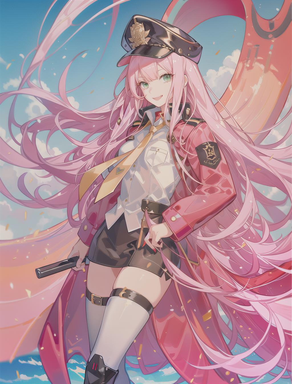  masterpiece, best quality, 1 girl, zero two, long straight pink hair, fangs, crazy smile, green eyes, all red military jacket with officer cap, long red thin straight horns, thigh highs