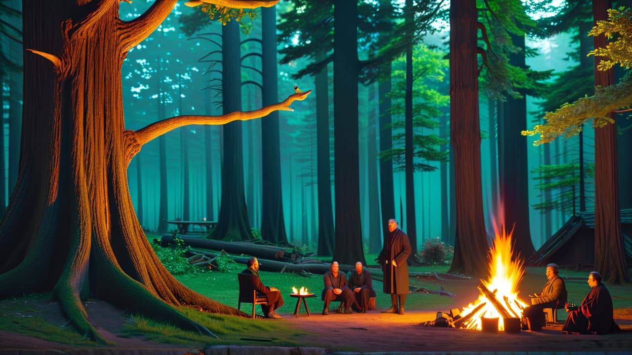  a split scene: on one side, a cozy, ancient forest with a wise old tree, a glowing campfire, and shadowy figures telling stories; on the other, a bustling city street at night with neon lights and a mysterious figure in the shadows. hyperrealistic, full body, detailed clothing, highly detailed, cinematic lighting, stunningly beautiful, intricate, sharp focus, f/1. 8, 85mm, (centered image composition), (professionally color graded), ((bright soft diffused light)), volumetric fog, trending on instagram, trending on tumblr, HDR 4K, 8K