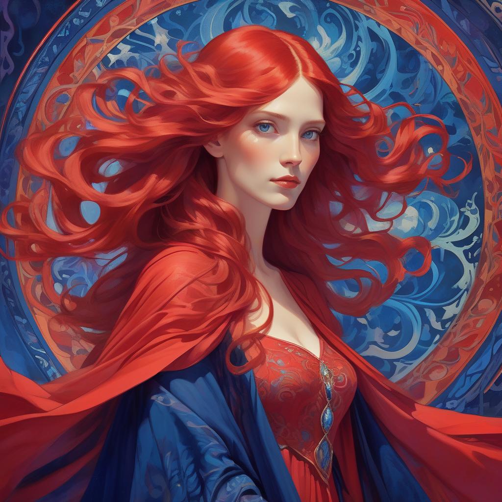  mage crimson (painting of a well endowed woman in a striking red dress), vibrant, flowing red hair, red cape draping elegantly, (deep blue psychedelic background), surreal forms and patterns intertwining, created in the style of alphonse mucha, rich color saturation, ethereal and dreamlike atmosphere, (intricate textures), visually captivating, 4k quality, poster art aesthetic.