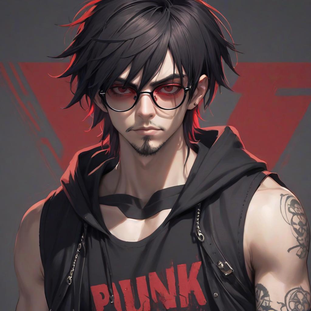  guy in a black hooded vest and red shirt, punk haircut, black glasses