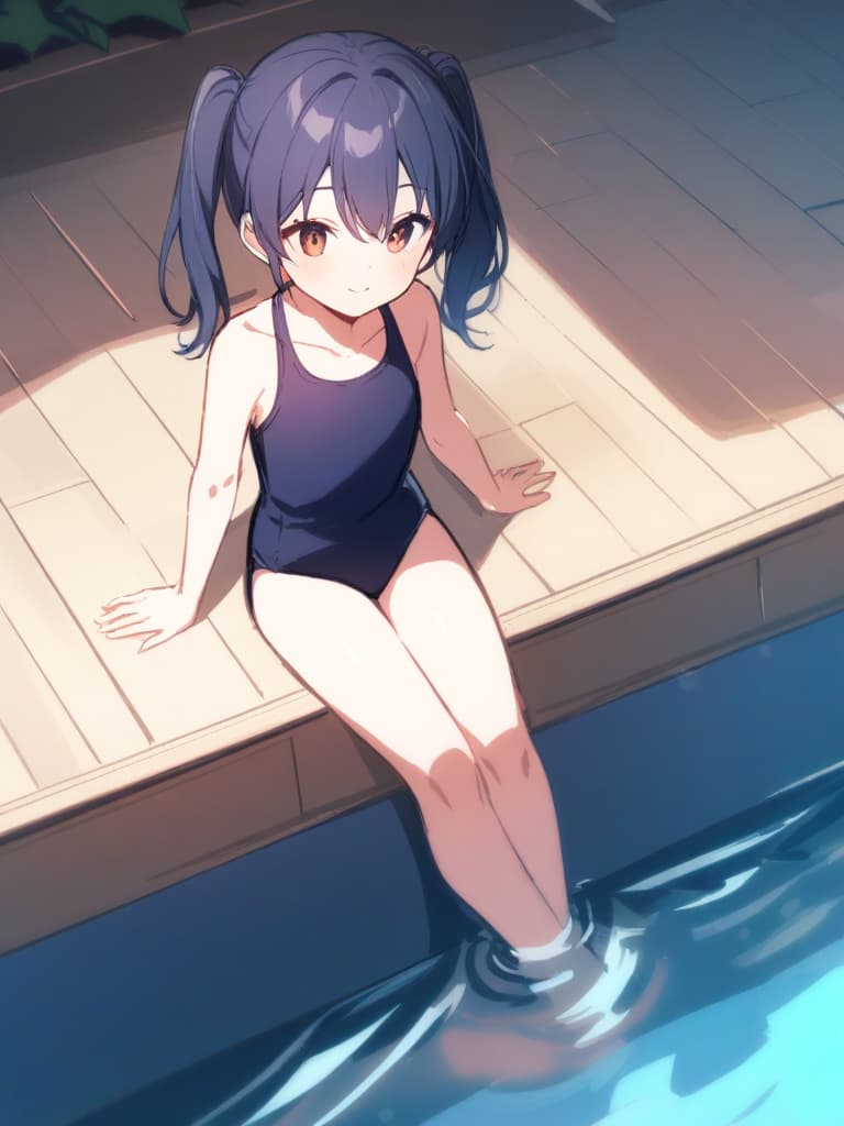  women's elementary students (male), twin tails, cute smiles, (rich s), low stature, dark blue swimwear, old swimwear, , simple, (upward), male , , clear , front, whole body , poolside,