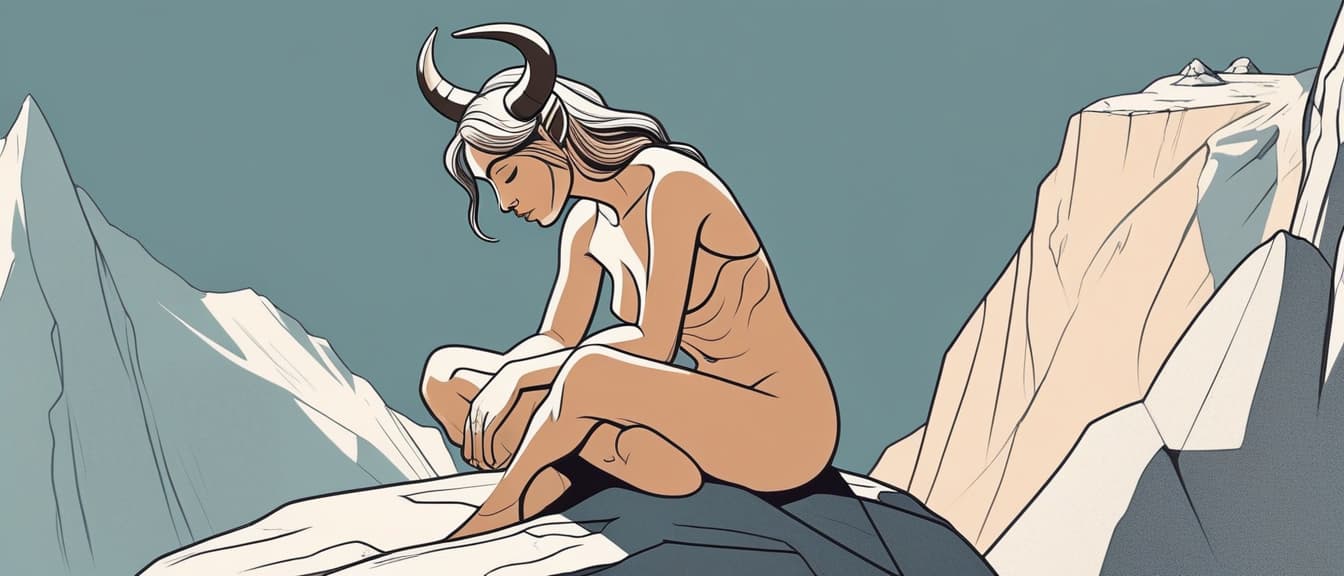  minimalism, draw a girl minotaur sitting on the rock in the mountains. she must have hooves., abstract, simple geometic shapes, hard edges, sleek contours, minimalism