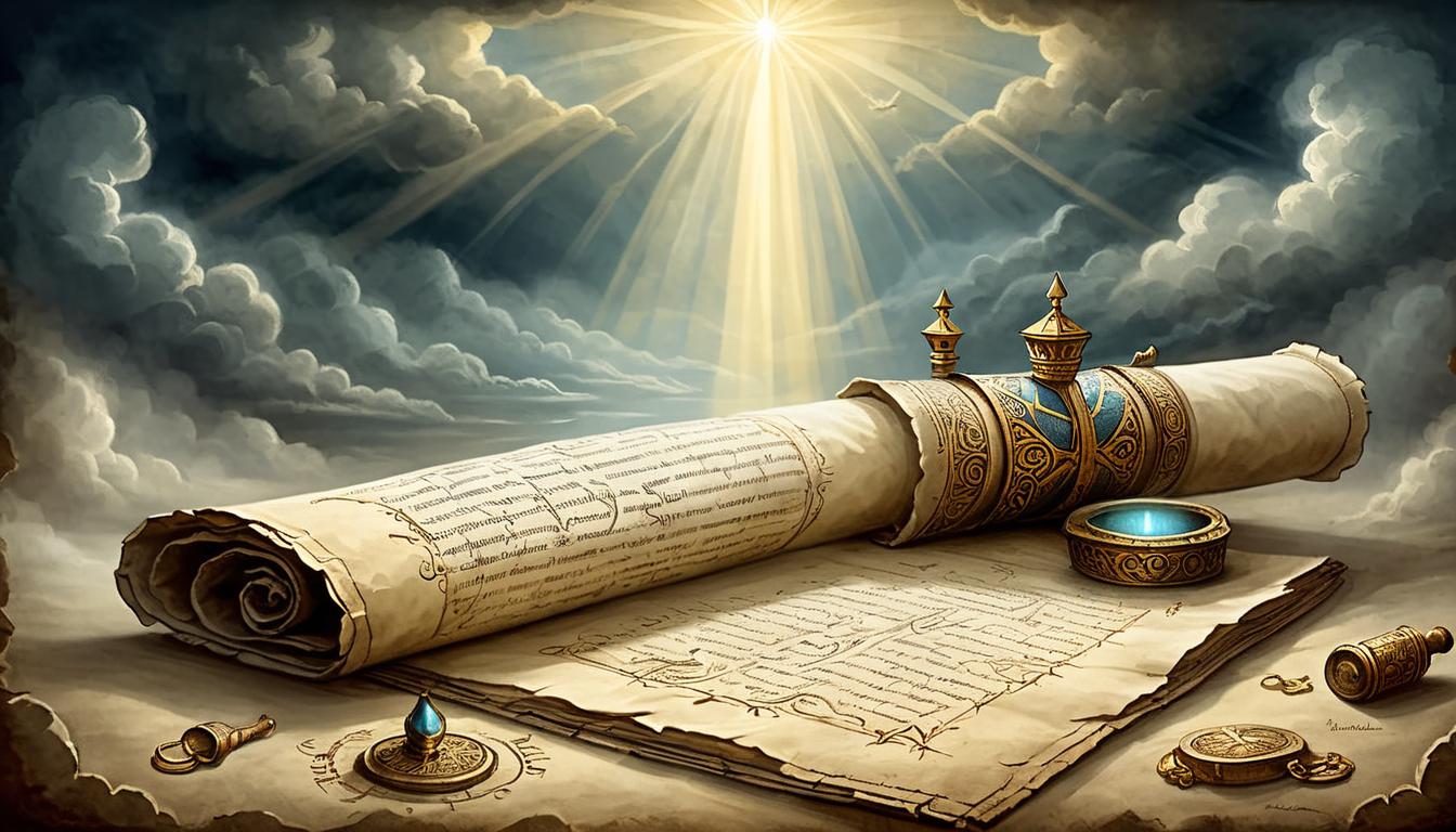  on parchment, surrealism+++, rays of light breaking through dark clouds, illuminating ancient scrolls with truth written on them, radiant, hopeful, sense of revelation(mysterious, provocative, symbolic,muted color)+++