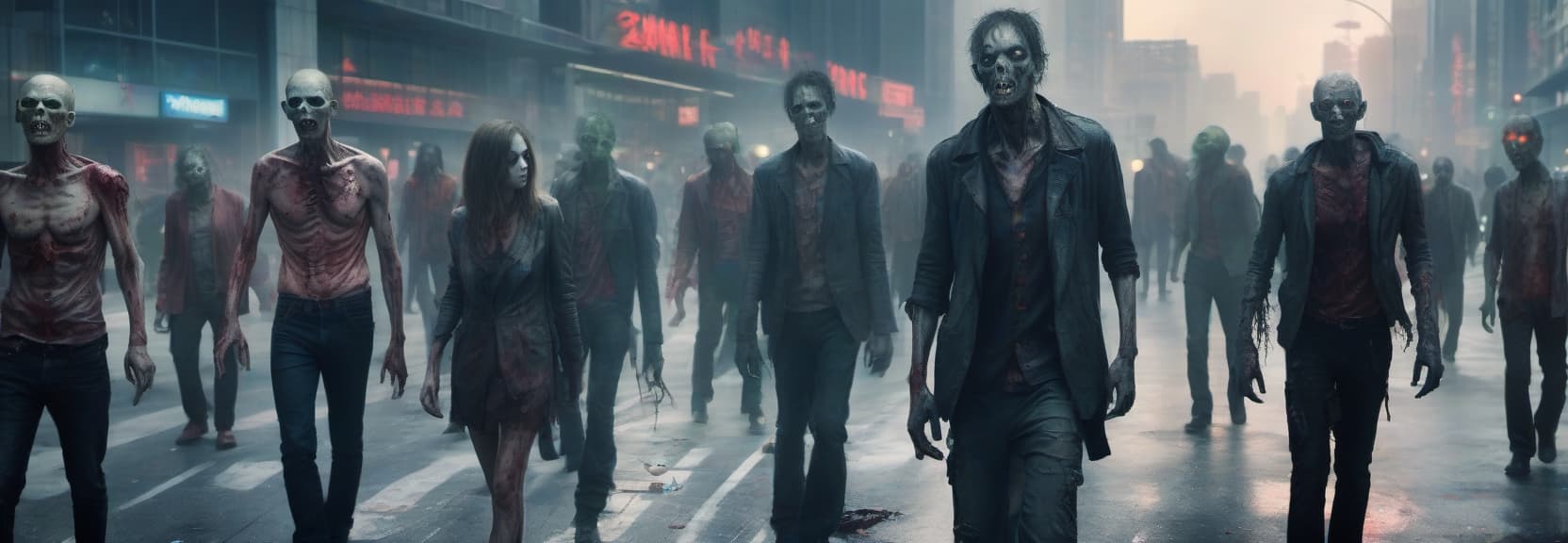  a group of zombies walking around in the city a zombie is in a futuristic environment with lights, hkmagic