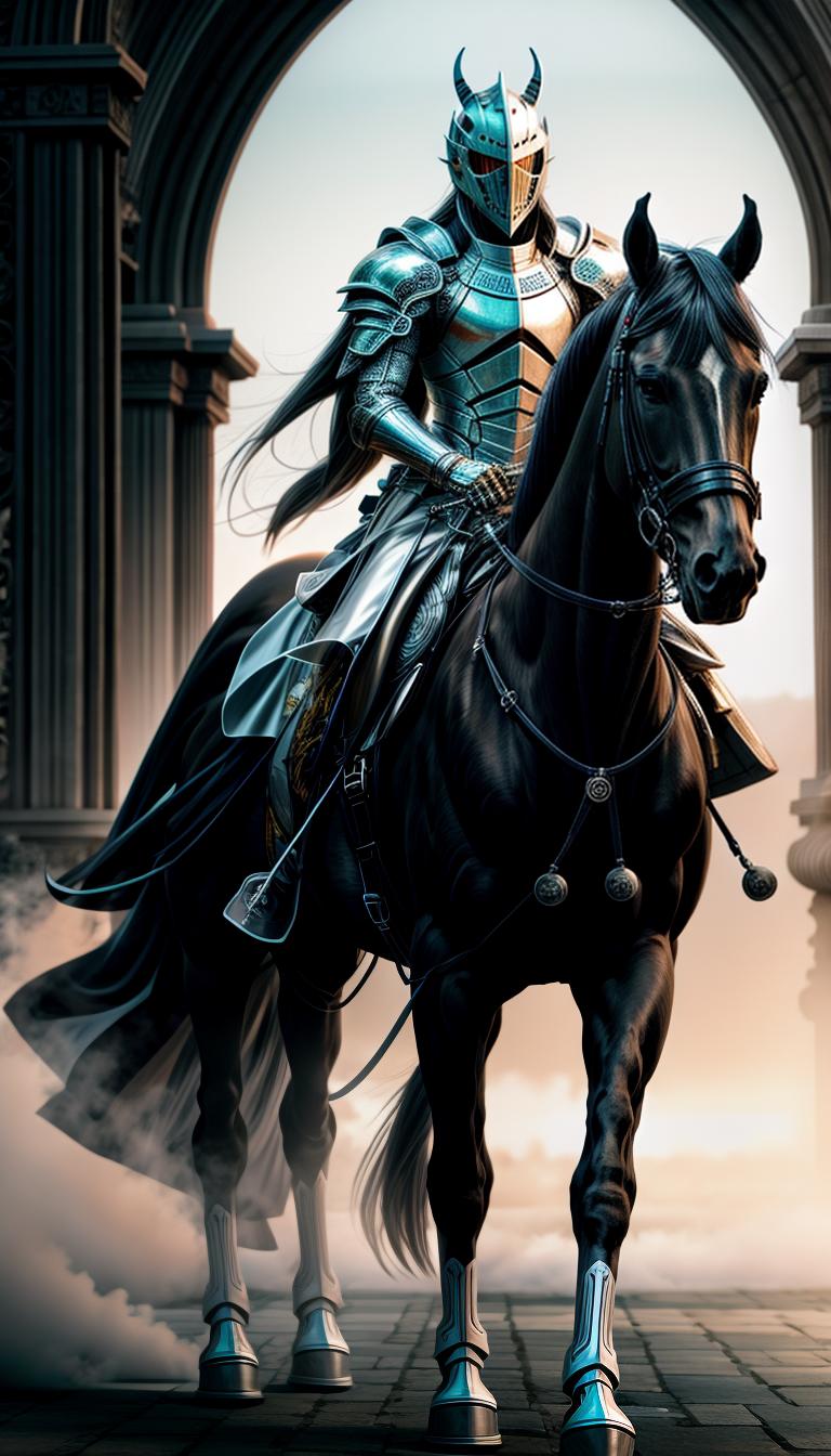  black, white, blue, pink, angel element, white horse, skeleton/knight, sunset hyperrealistic, full body, detailed clothing, highly detailed, cinematic lighting, stunningly beautiful, intricate, sharp focus, f/1. 8, 85mm, (centered image composition), (professionally color graded), ((bright soft diffused light)), volumetric fog, trending on instagram, trending on tumblr, HDR 4K, 8K