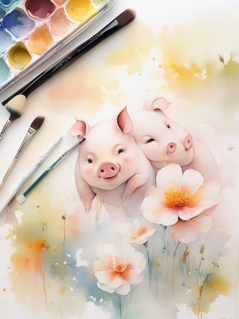  watercolor painting,instaport style, portrait of pigs, one male, a soft colour, a blurry line of edges, an apron with a flower pattern, a smiley look, with a background of a moving field, water colour, a warm color, a soft light, a lightness, a lightness, a dream, a artistic sense。 [multi color watercolors with a white background], haze, film photography, light ethereal leaks, sharp focus, intricate highly detailed acrylic painting, palette knife and brush strokes, trending on artstation, trending on pixiv fanbox