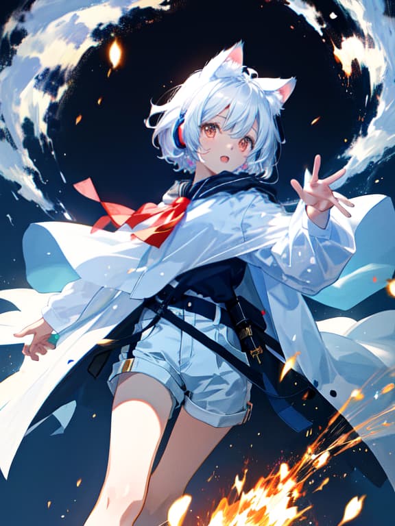  master piece, best quality, ultra detailed, highres, 4k.8k, cat eared, cute, young , striking a dynamic pose, adorable expression, break a cute young with cat ears and silver short hair wearing headphones is striking a dynamic pose in a white shirt and white shorts, with a looking thigh, while wearing a wizard's cloak., undefined, headphones, wizard's cloak, white shirt, white shorts, break and magical atmosphere, soft, fluffy hair; dynamic and eye catching appearance,