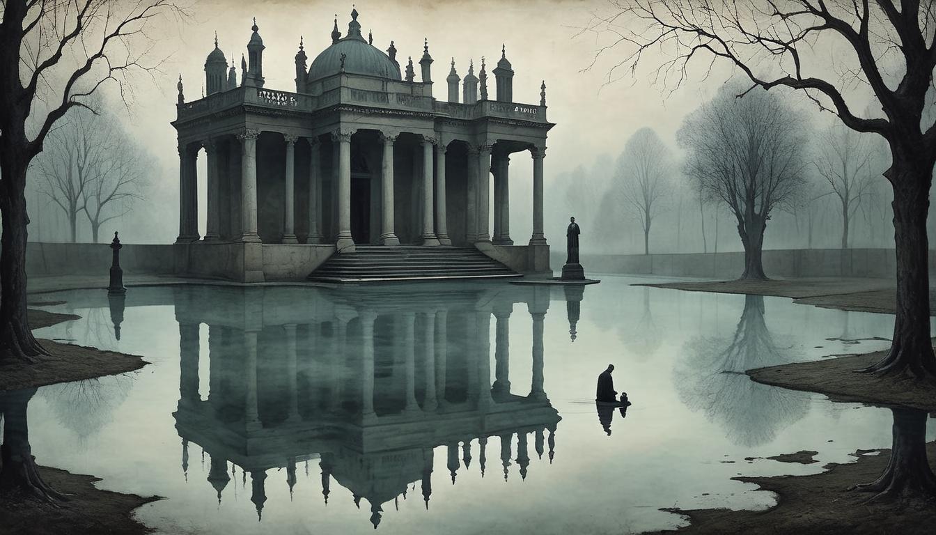  on parchment, surrealism+++, reflecting pool showing absence, no figure in reflection, emptiness more felt than seen, haunting and somber, reflective and melancholic, deep sense of loss(mysterious, provocative, symbolic,muted color)+++