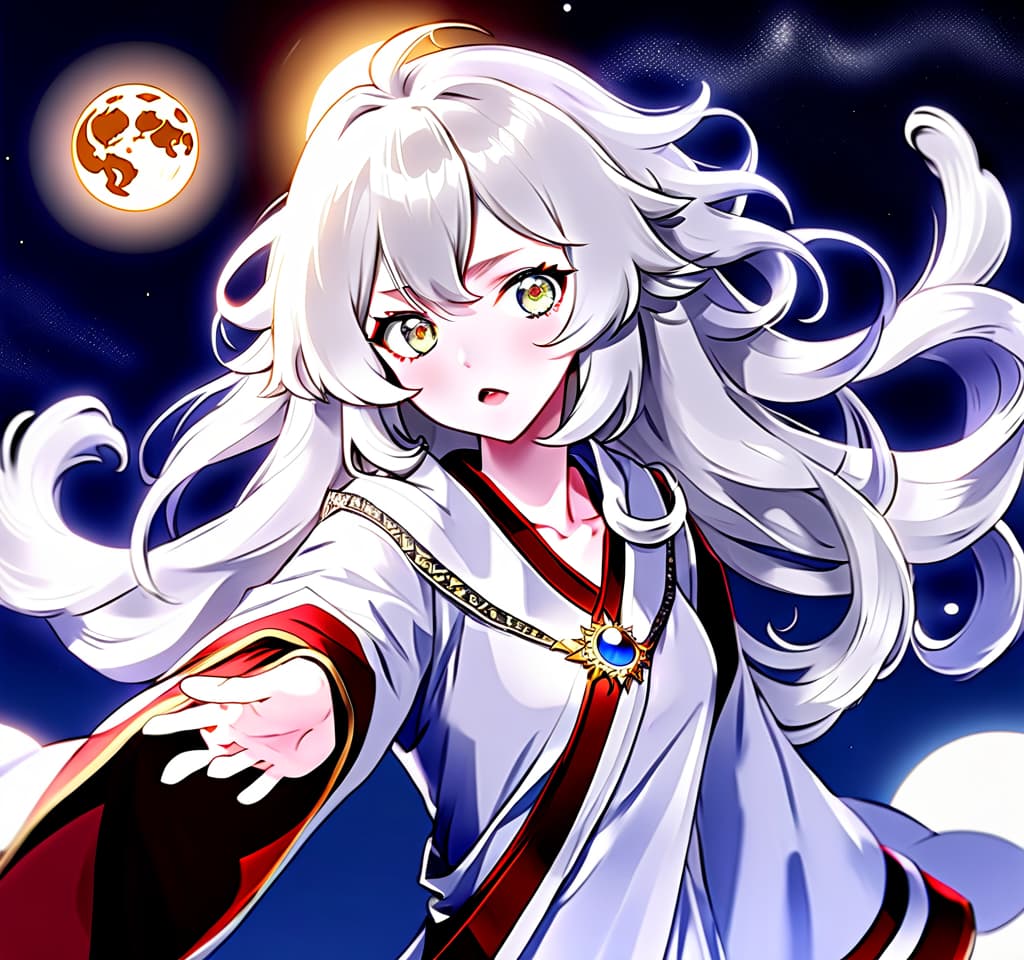  anime artwork divine robe, girl, goddess of the moon, white hair, curly hair, medium height, perfect body, gray eyes, pale skin, hairstyle kare. . anime style, key visual, vibrant, studio anime, highly detailed, perfecteyes, perfect hands