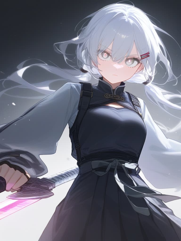  beauty girl,perfect girl,girl,hakama,袴,hairpin,簪,japanese style,transparent sword,stinking eyes,ジト目,cool,beauty,turn this way,white hair,white eyes,beautiful eyes,white eyelashes,close,braided bun twintails