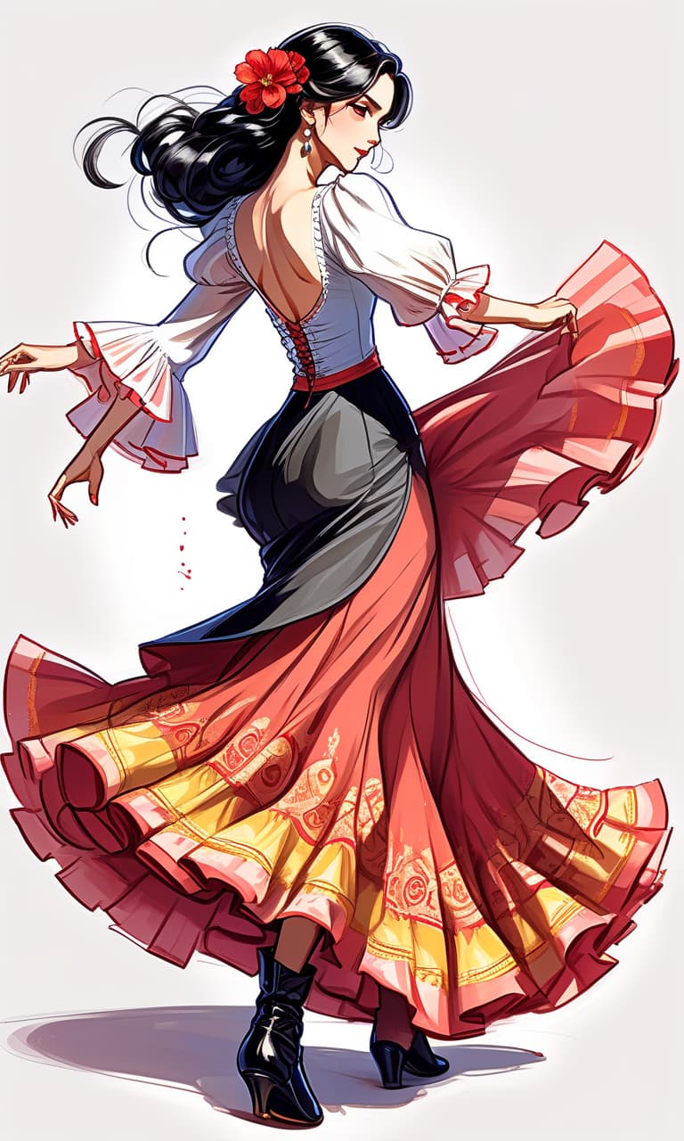  anime artwork sketching with short strokes, with multicolor pencil, spanish dancer in spanish dress dancing flamenco, full length, in boots, long dress, beautiful eyes, slight smile, fine lines, elegant, on the white background. contours. long loose black hair. . anime style, key visual, vibrant, studio anime, highly detailed