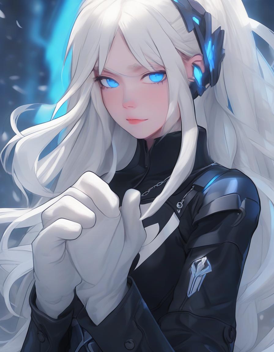  a girl with superpower, lets the cold out of her palm, stands half turned, visible to the waist, white long loose hair, modern dark clothes, bright blue eyes, pale complexion