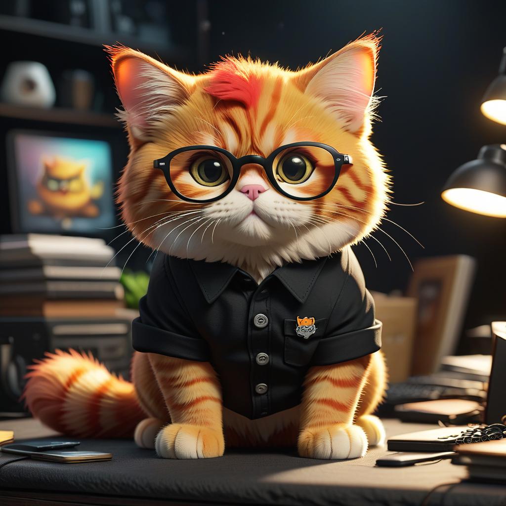  cartoon ginger cat with glasses in a black shirt, sticker hyperrealistic, full body, detailed clothing, highly detailed, cinematic lighting, stunningly beautiful, intricate, sharp focus, f/1. 8, 85mm, (centered image composition), (professionally color graded), ((bright soft diffused light)), volumetric fog, trending on instagram, trending on tumblr, HDR 4K, 8K