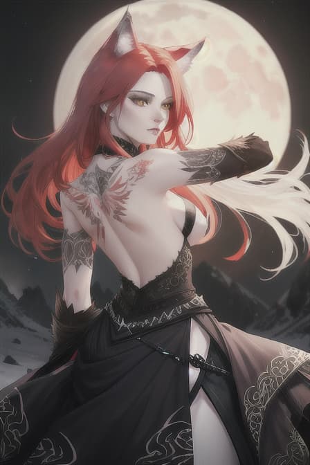  extremely beautiful woman, red hair, hazel green eyes, small tattoos, moon, white wolf, in the style of enchanting realms, darkerrorcore, intense gaze, back lighting, ethereal, wolf queen 8k high quality, uhd, hdr hyperrealistic, full body, detailed clothing, highly detailed, cinematic lighting, stunningly beautiful, intricate, sharp focus, f/1. 8, 85mm, (centered image composition), (professionally color graded), ((bright soft diffused light)), volumetric fog, trending on instagram, trending on tumblr, HDR 4K, 8K