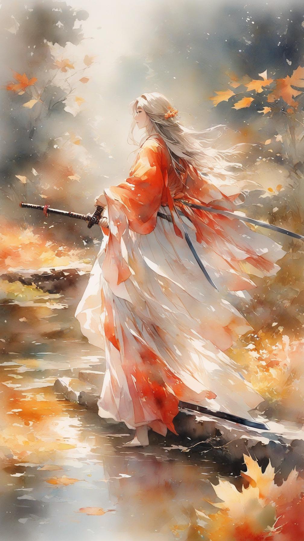  watercolor painting,instaport style, portrait of autumn colors, oil painting, traditional attire, ink wash, fallen leaves, pond, woman in red robe, sword, vibrant autumn hues, lively atmosphere, ((mysterious aura)), female figures, powerful, ancient style, ((dramatic lighting)), highly detailed photo, sharp details, best quality, 4k, raw photo,ancient chinese woman [multi color watercolors with a white background], haze, film photography, light ethereal leaks, sharp focus, intricate highly detailed acrylic painting, palette knife and brush strokes, trending on artstation, trending on pixiv fanbox