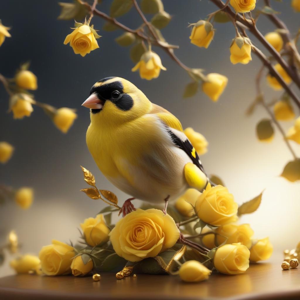  Goldfinch knitted from wool, yellow roses, gold brocade background, realistic color photo hyperrealistic, full body, detailed clothing, highly detailed, cinematic lighting, stunningly beautiful, intricate, sharp focus, f/1. 8, 85mm, (centered image composition), (professionally color graded), ((bright soft diffused light)), volumetric fog, trending on instagram, trending on tumblr, HDR 4K, 8K