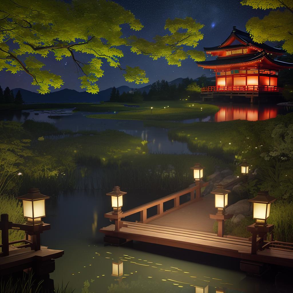  masterpiece, best quality, (Fidelity: 1.4), Best Quality, Masterpiece, Ultra High Resolution, 8k resolution, A night view inspired by Japanese art, featuring a garden illuminated by paper lanterns and a wooden bridge spanning a tranquil lake, by the lakeside, there is a small Zen temple. The water reflects the starry sky.