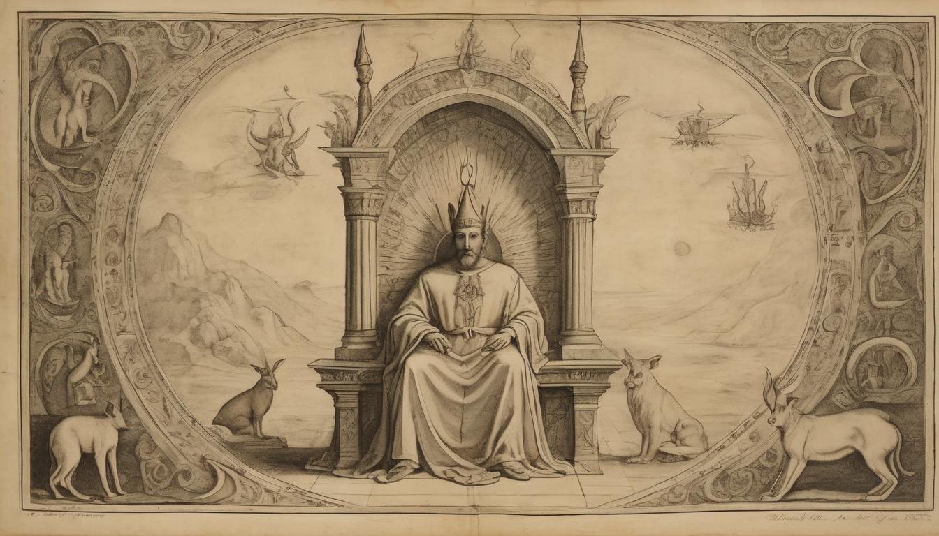  on parchment, surrealism++, celestial throne room, divine figure seated, large ears implying attentive listening, grandeur and reverence, celestial ambiance(mysterious, provocative, symbolic)++