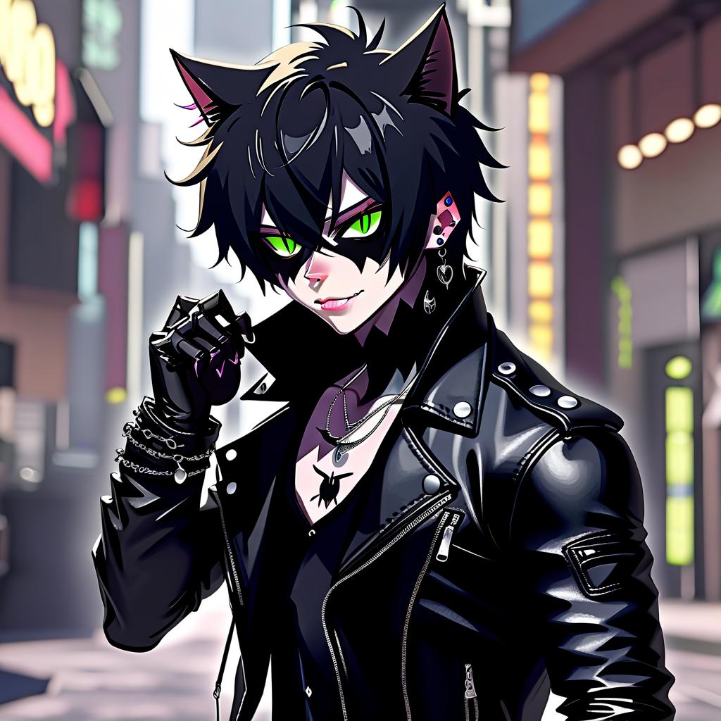  black cat boy in black leather jacket and piercing