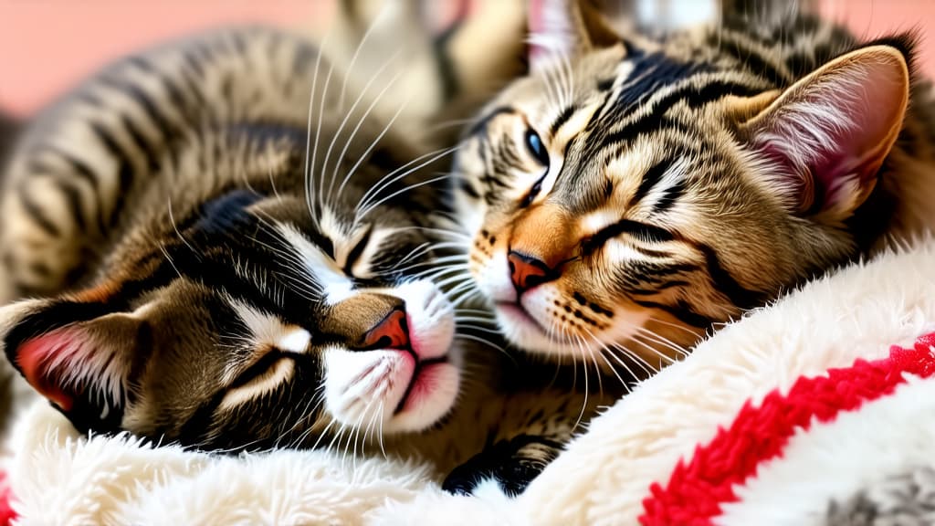  a couple of kittens laying on top of a blanket, cat sleeping, warrior cats, in a dream world, if only i could sleep, cozy, smile, photo, wallpaper, a cozy, tiny, fully covered ar 16:9 {prompt}, maximum details