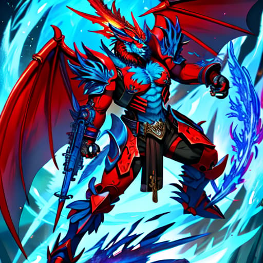  huge blue dragon with red wings and fire from paws