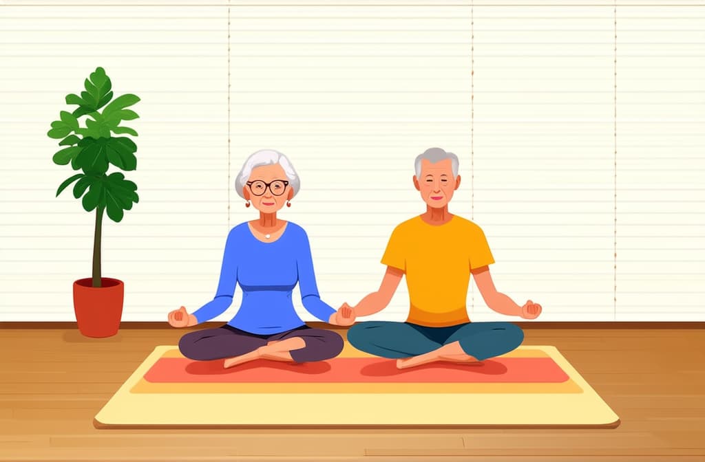  flat illustration, flaticon, (illustration:1.15), elderly funny woman and man in yoga lotus pose doing meditation, mindfulness practice, spiritual discipline at home or in gym. cute old lady and man sitting on mat and meditating. ar 3:2, [cory loftis, strobist, pascal campion :: 0.2]