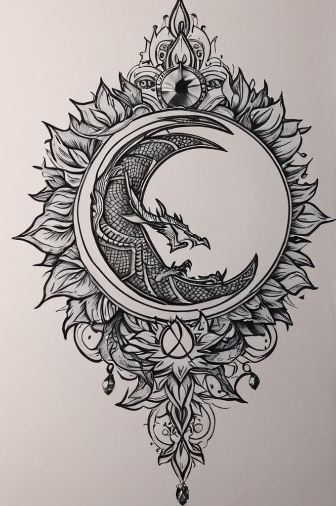  full female dragon, sun and moon, (tattoo sketch:1.25), drawing