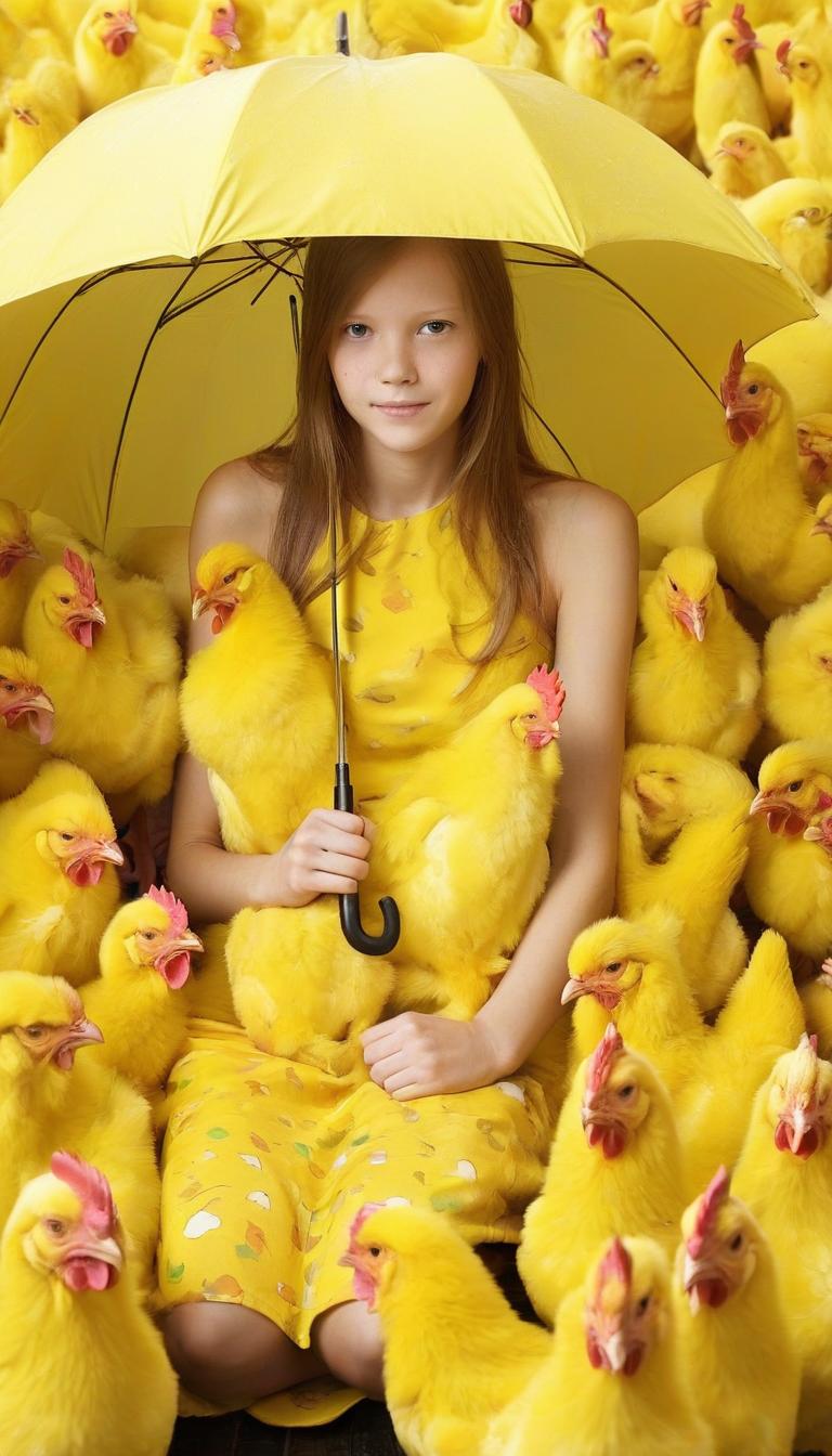  the girl covered with an umbrella of yellow chickens