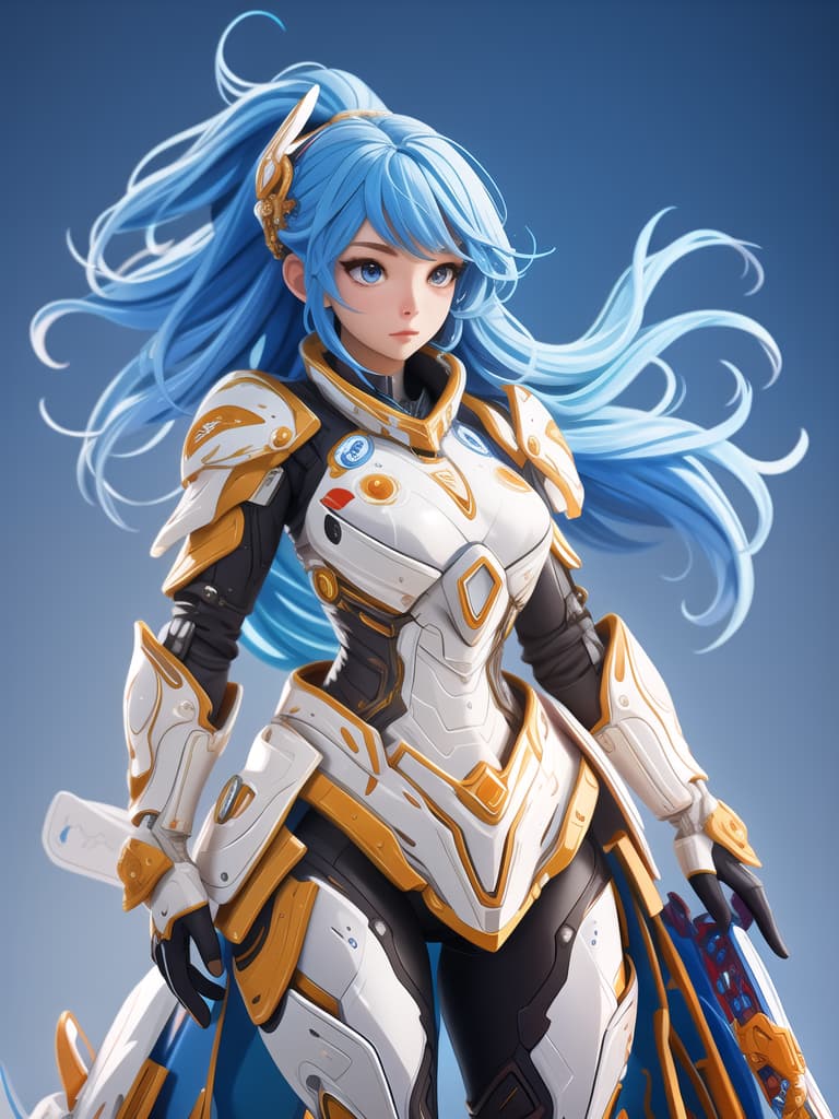  front view of a female character wearing high quality, photorealistic white mechanical armor with delicate blue filigree details and red metallic accents. the character has long hair and is looking directly at the viewer. they are in a dynamic pose in a detailed environment with dynamic lighting. the armor is highly intricate but appropriate and provides full coverage. the character is dressed in a professional and functional manner, ensuring a safe work environment.