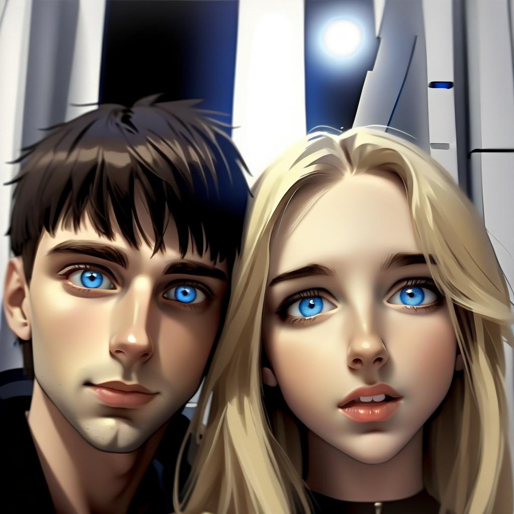  girl blonde with blue eyes and guy brunette with brown eyes next