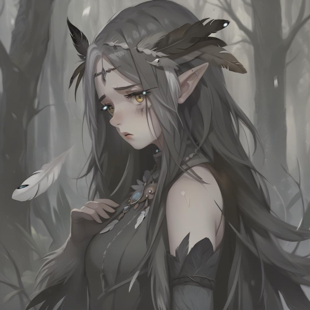  concept art a gray and grey haired girl, with feather ears, with white eyes, who is crying . digital artwork, illustrative, painterly, matte painting, highly detailed