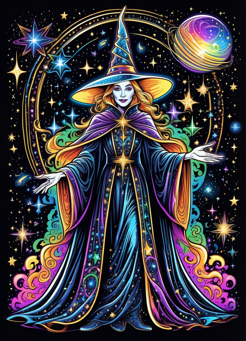  thin, fine fractal glossy vivid multicolore ink sketch on the black background, shiny contours outlines of a good witch in a robe with stars, in a pointed hat with stars, frame with intricate thin ornamentation from comet, stars and cosmic dust: (thin: 1,4) lines,