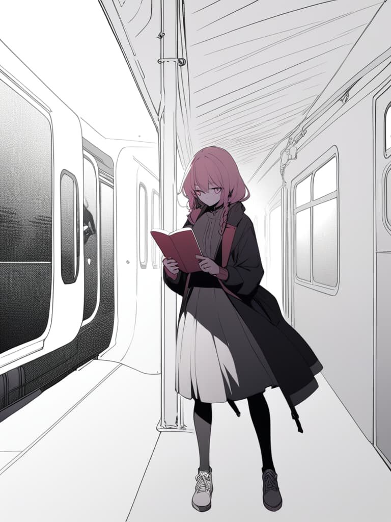  a girl standing on a train platform reading a book,an anime drawing,conceptual art,iphone background,((pink)),high contrast illustration,heavy winter aesthetics,studio gainax illustration,holding a book,anime style”