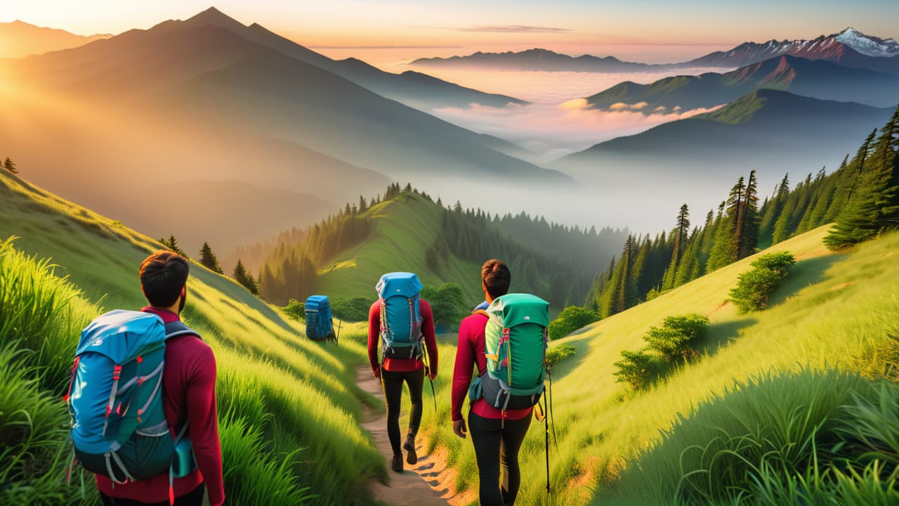  a serene mountain landscape at dawn, featuring a diverse group of young adventurers with backpacks, exploring a winding trail. lush greenery, towering peaks, and a clear blue sky create an inviting atmosphere for exploration. hyperrealistic, full body, detailed clothing, highly detailed, cinematic lighting, stunningly beautiful, intricate, sharp focus, f/1. 8, 85mm, (centered image composition), (professionally color graded), ((bright soft diffused light)), volumetric fog, trending on instagram, trending on tumblr, HDR 4K, 8K