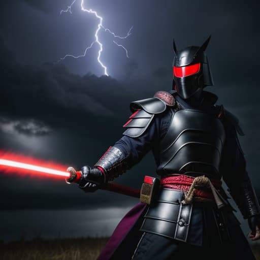  A dark-faced samurai warrior with glowing red eyes, wearing traditional samurai armor, his face partially obscured by a menacing mask, standing in a stormy battlefield. He is charging his ultimate ability, with intense purple lightning crackling around his body, creating a powerful aura. The scene is dramatic, with lightning strikes in the background and energy radiating from the warrior, photorealistic, photorealism, 50mm, medium shot, 8K resolution, HDR, dark and moody lighting, hyper detailed, high resolution, ultra detailed, hyper focus, high res, unreal engine, masterpiece, , hyperrealistic, high quality, highly detailed, cinematic lighting, intricate, sharp focus, f/1. 8, 85mm, (centered image composition), (professionally color grade