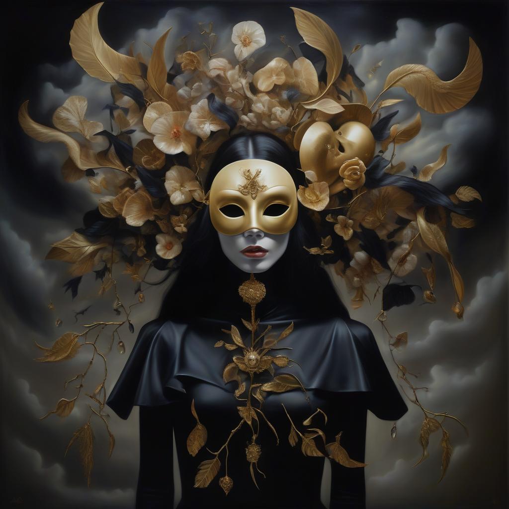  (masterpiece:1 8, oil painting:1.5).(surrealism inspired by hedy xandt:1.4), which depicts a woman wearing a mysterious mask, symbolizing the merging of life and death. this fantasy work of art combines fantasy elements, dramatic lighting and a mystical atmosphere where reality and the supernatural intertwine. surrealism and dark fantasy. in style aфnato finnstark.