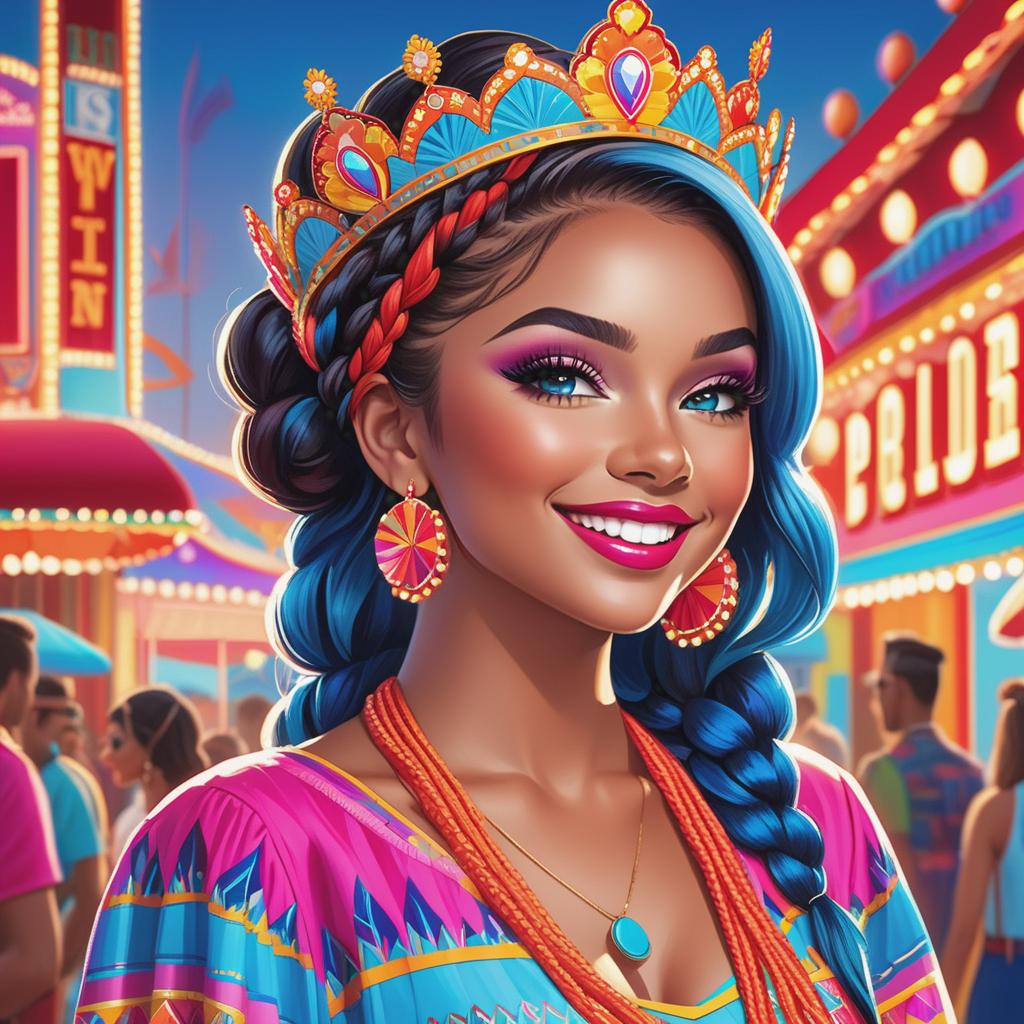  the city fair with a 90s theme, her tan skin glowing under the neon lights. she wears a funky outfit with bright colors and patterns, and her long braided hair is a striking shade of blue. she tops off her look with a fun crown on her head, adding a touch of whimsy to her ensemble. with a big smile on her face, she fits right in with the retro vibes of the fair, enjoying the music, games, and delicious food all around her. she is truly a vision of fun and style, standing out in the crowd with her unique and vibrant appearance.reds blues pinks, award winning, professional, highly detailed, masterpiece