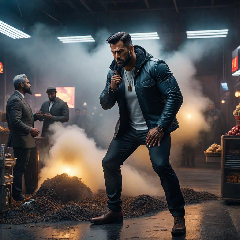  a man trying to create visuals by watching commercials (quite unhappy) hyperrealistic, full body, detailed clothing, highly detailed, cinematic lighting, stunningly beautiful, intricate, sharp focus, f/1. 8, 85mm, (centered image composition), (professionally color graded), ((bright soft diffused light)), volumetric fog, trending on instagram, trending on tumblr, HDR 4K, 8K